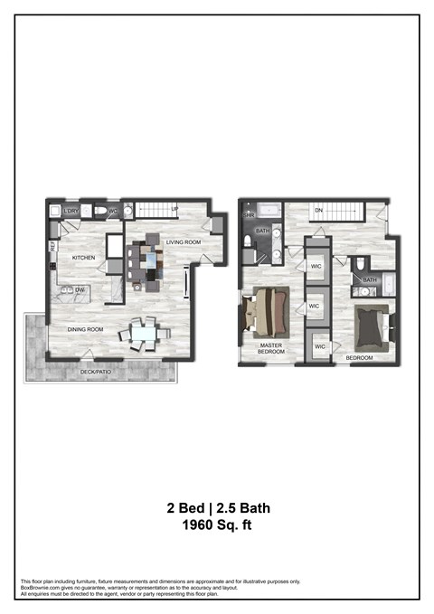 Floor plan for 2 beds, 2.5 baths, 1960 sqft